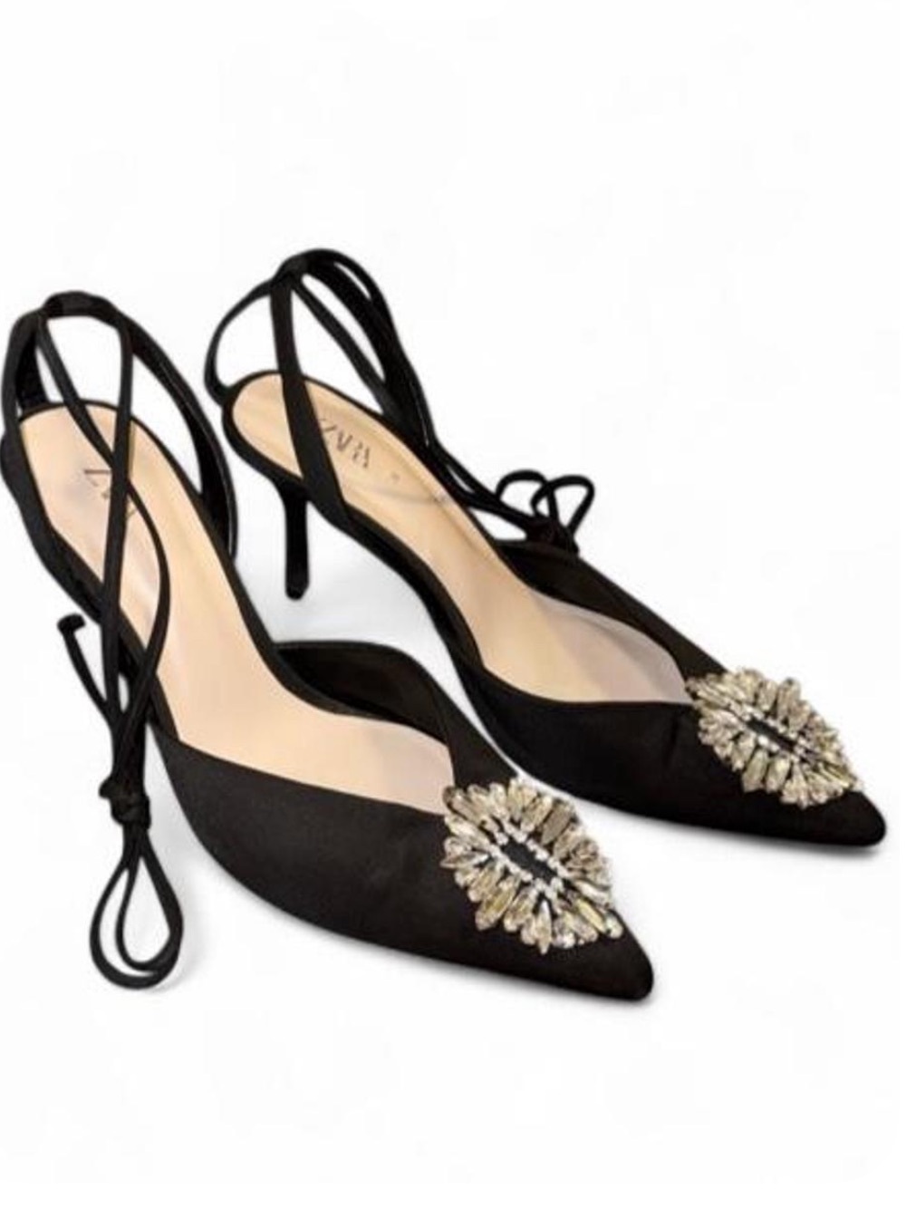 Zara Black Pointed-Toe Slingback Heels with Crystal Brooch